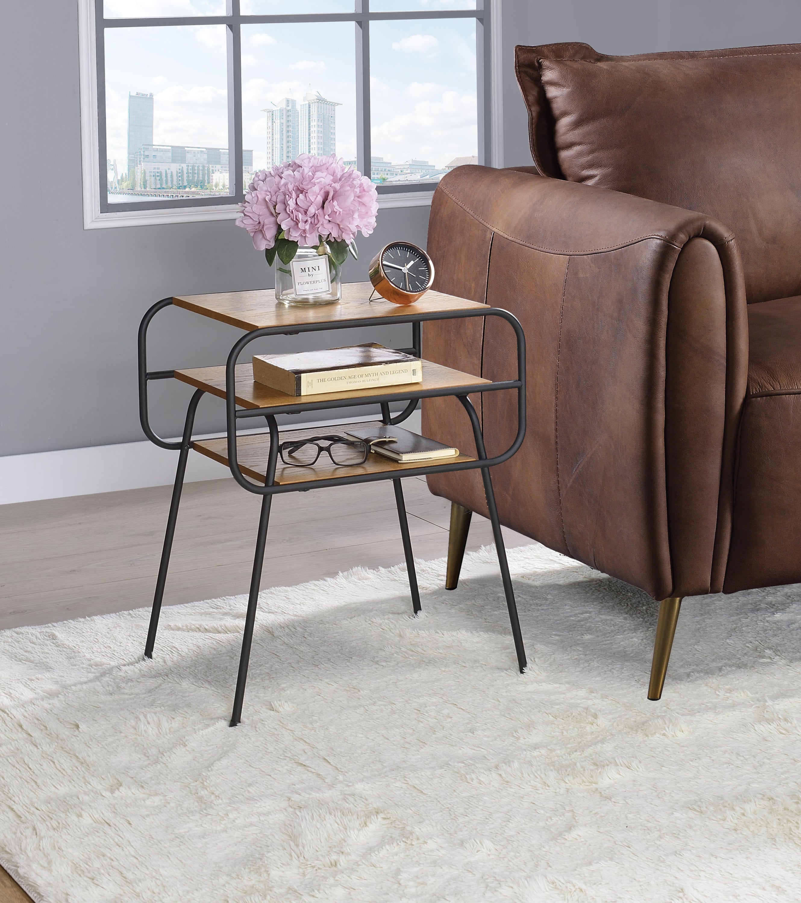 Kaseko Oak and Black Accent Table with Display and Utility Function