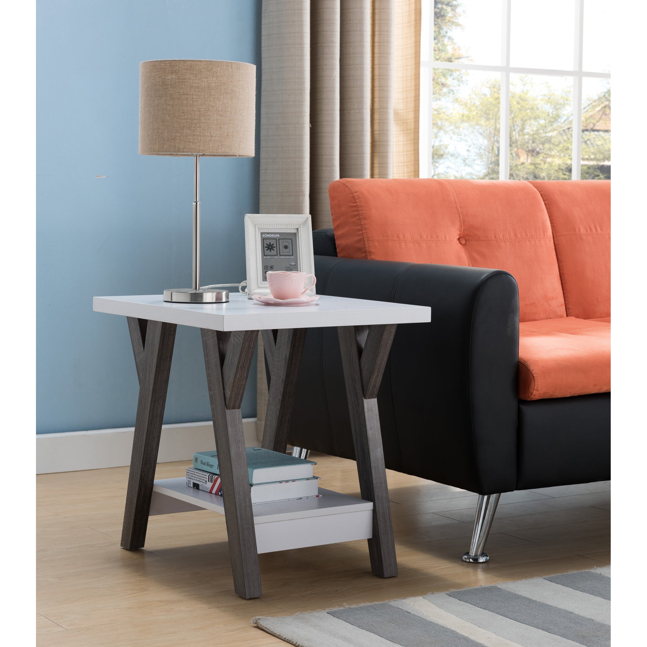 TM HOME End Table White & Distressed Grey