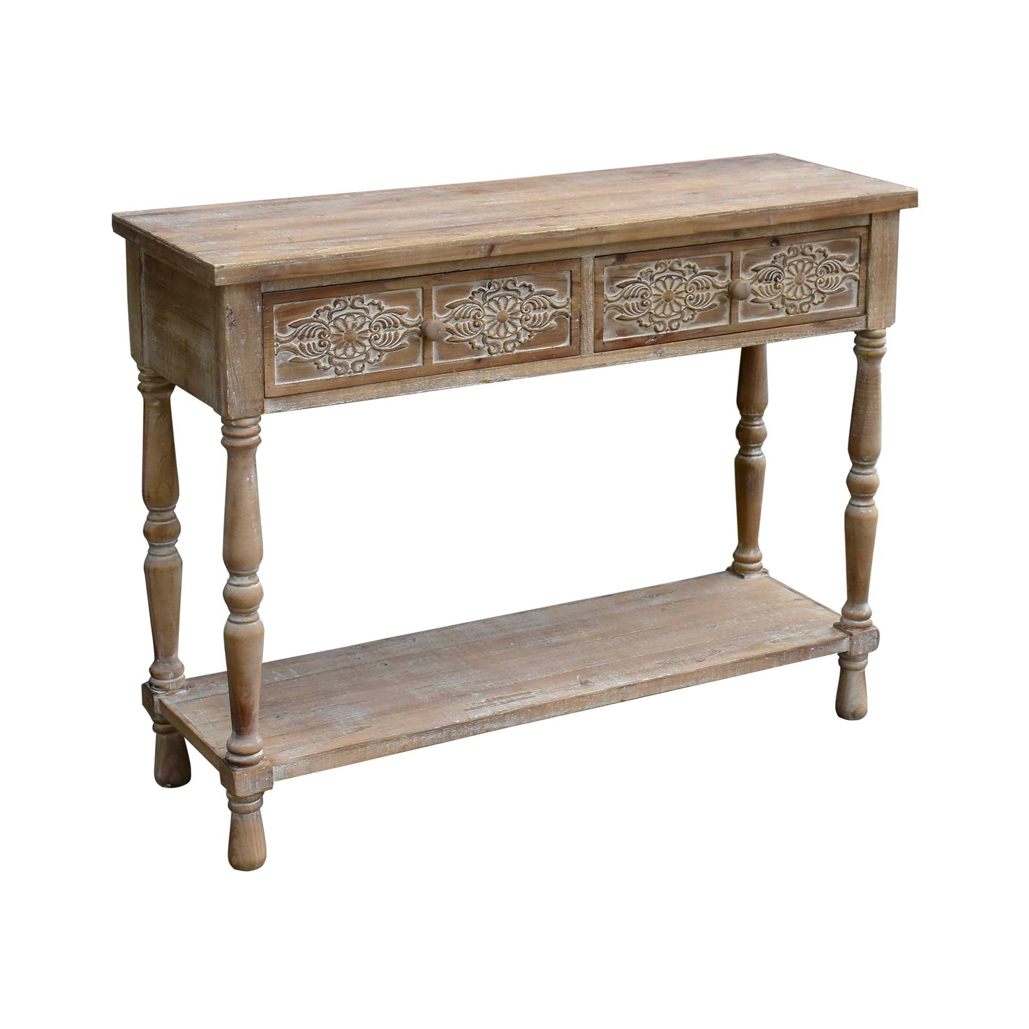 Retro Wood Console Table with 1 Bottom Shelf and 2 Carved Design Drawers, Accent Entryway Table Furniture