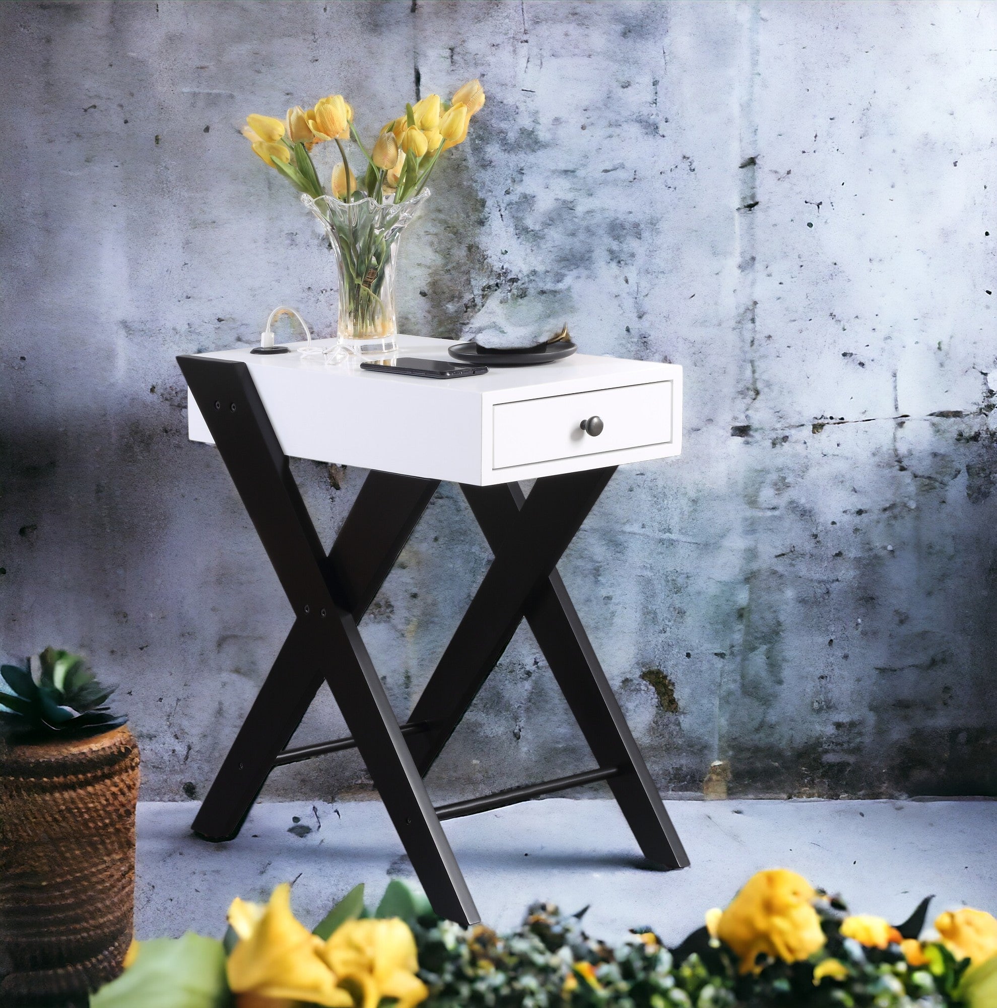 Fierce White and Black Accent Table with Built-in USB Port