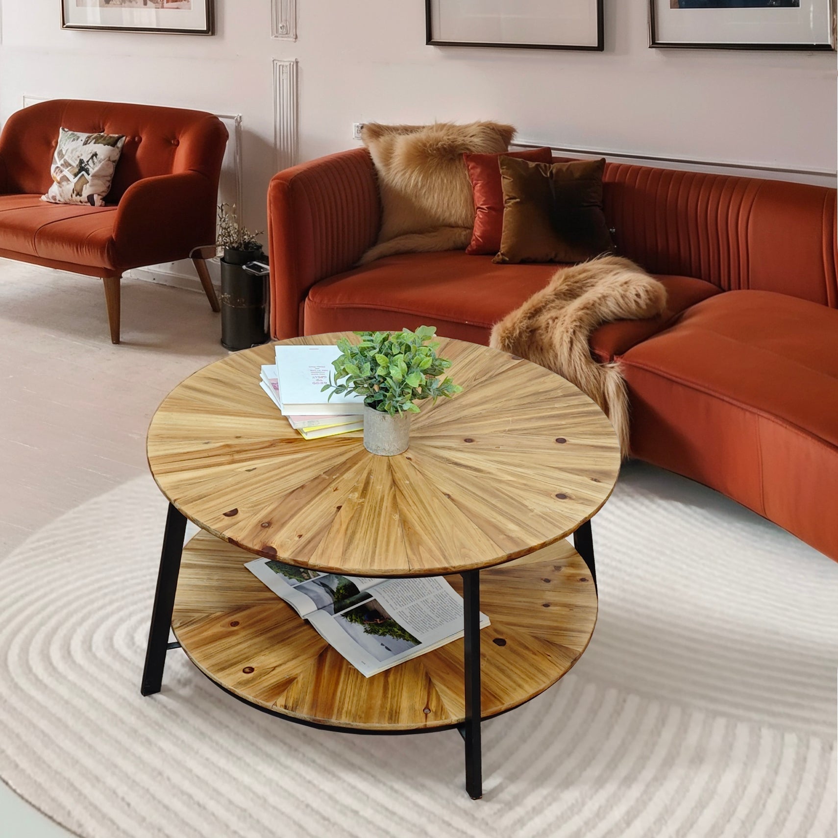 31.5 "Round Coffee Table, Stand Wooden Double Layer Coffee Table