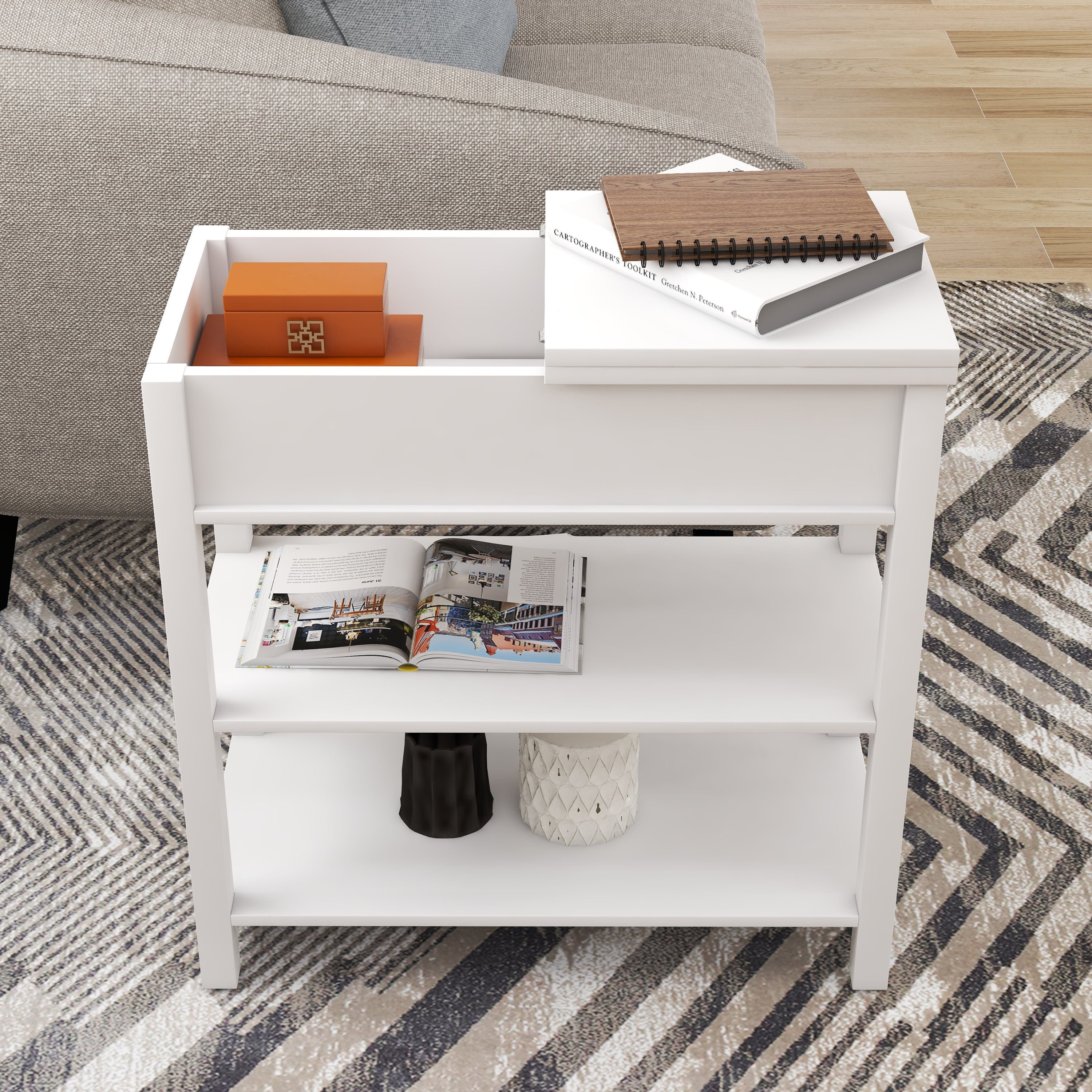 Narrow Sided Table with Drawers and Bottom Partition in Flip Over Design -White