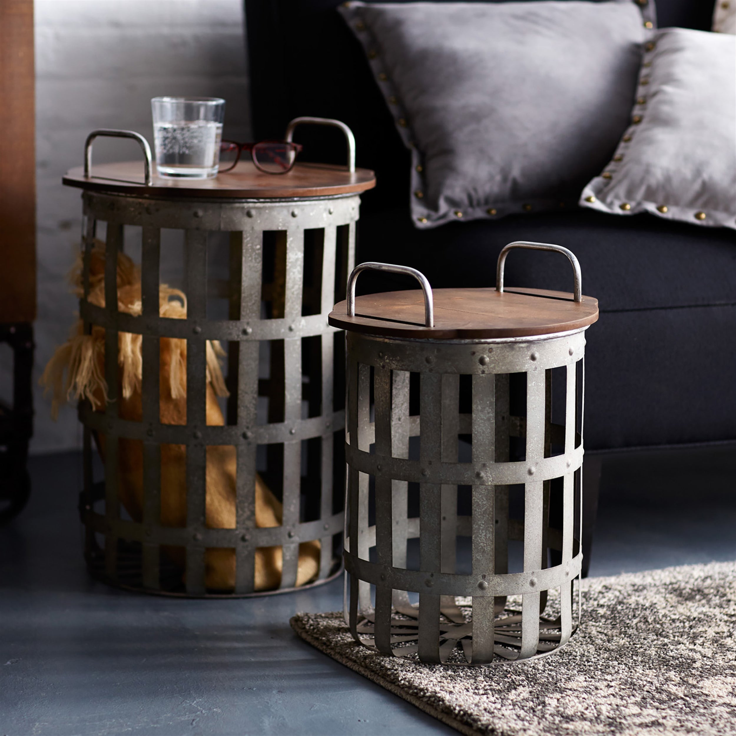 Metal and Wood Side Basket Tables (Set of 2)