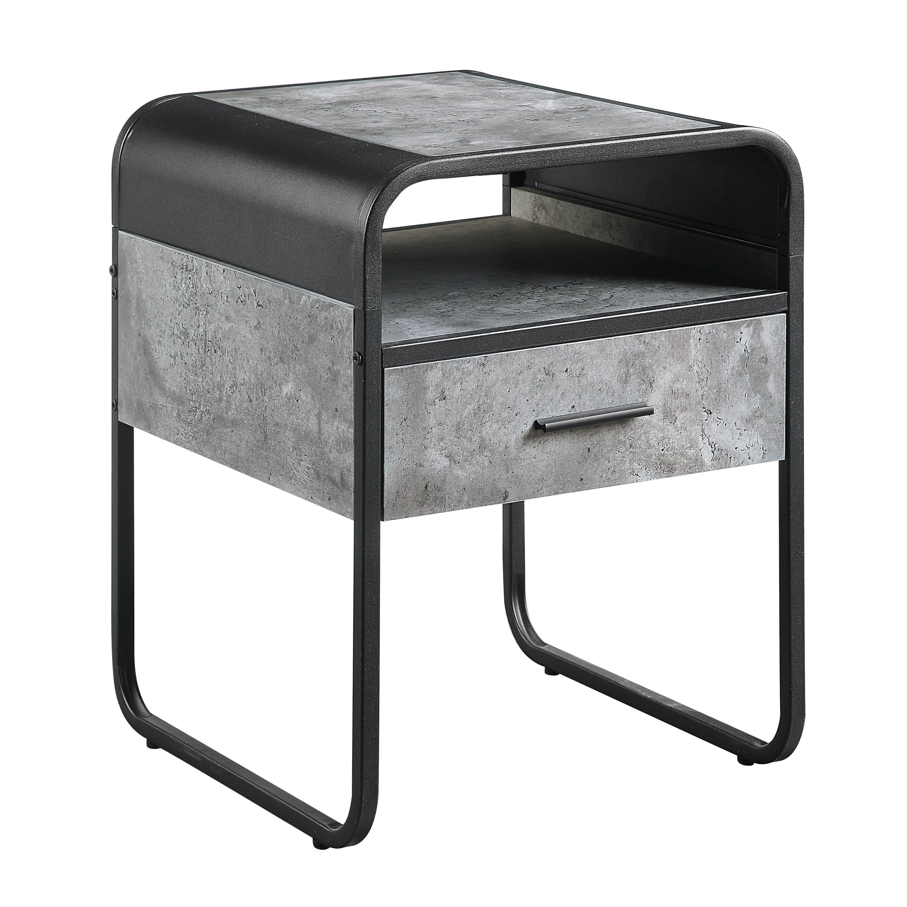 Raziela Concrete Gray & Black Finish End Table with Drawer