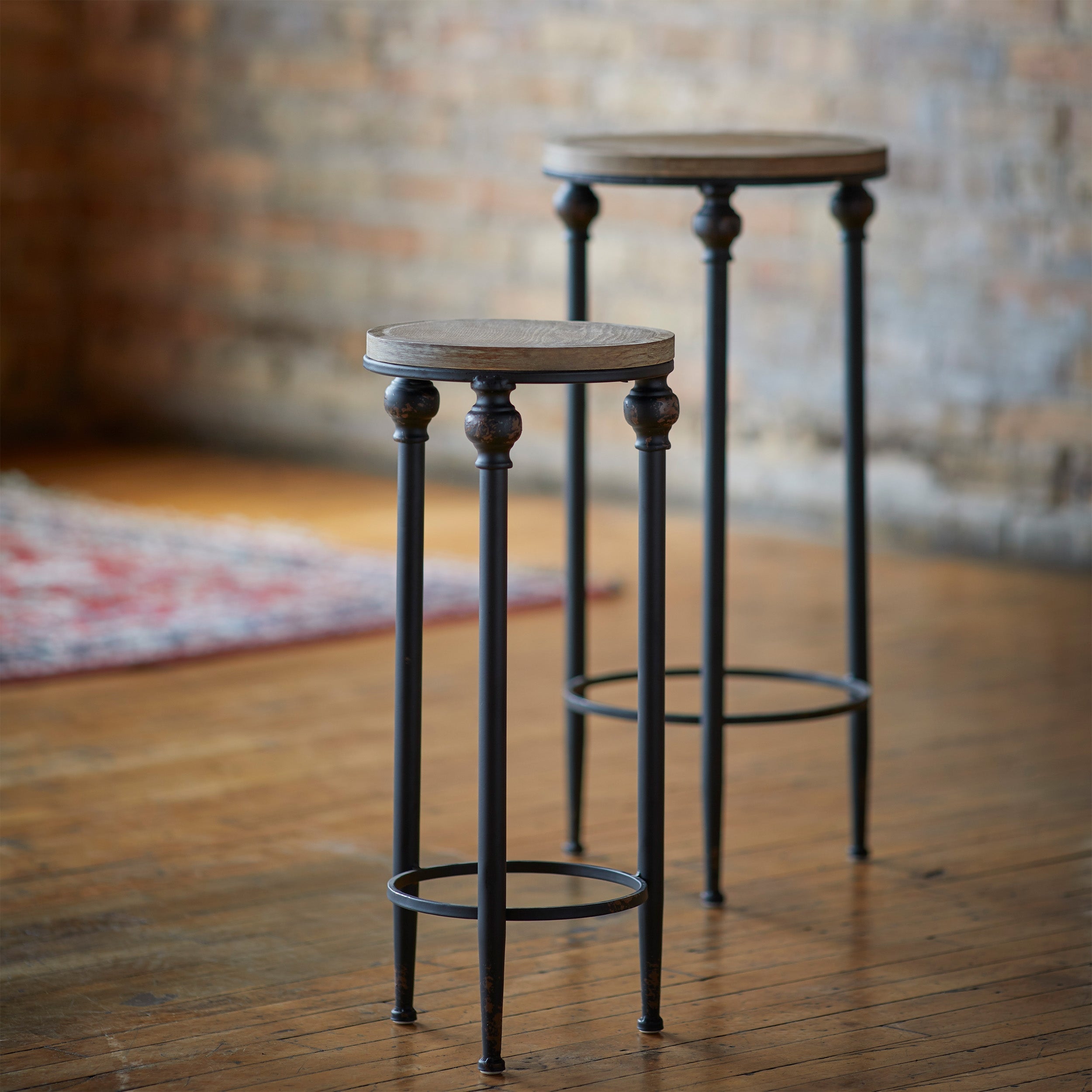 Round Wood and Metal Plant Stand Table (Set of 2)