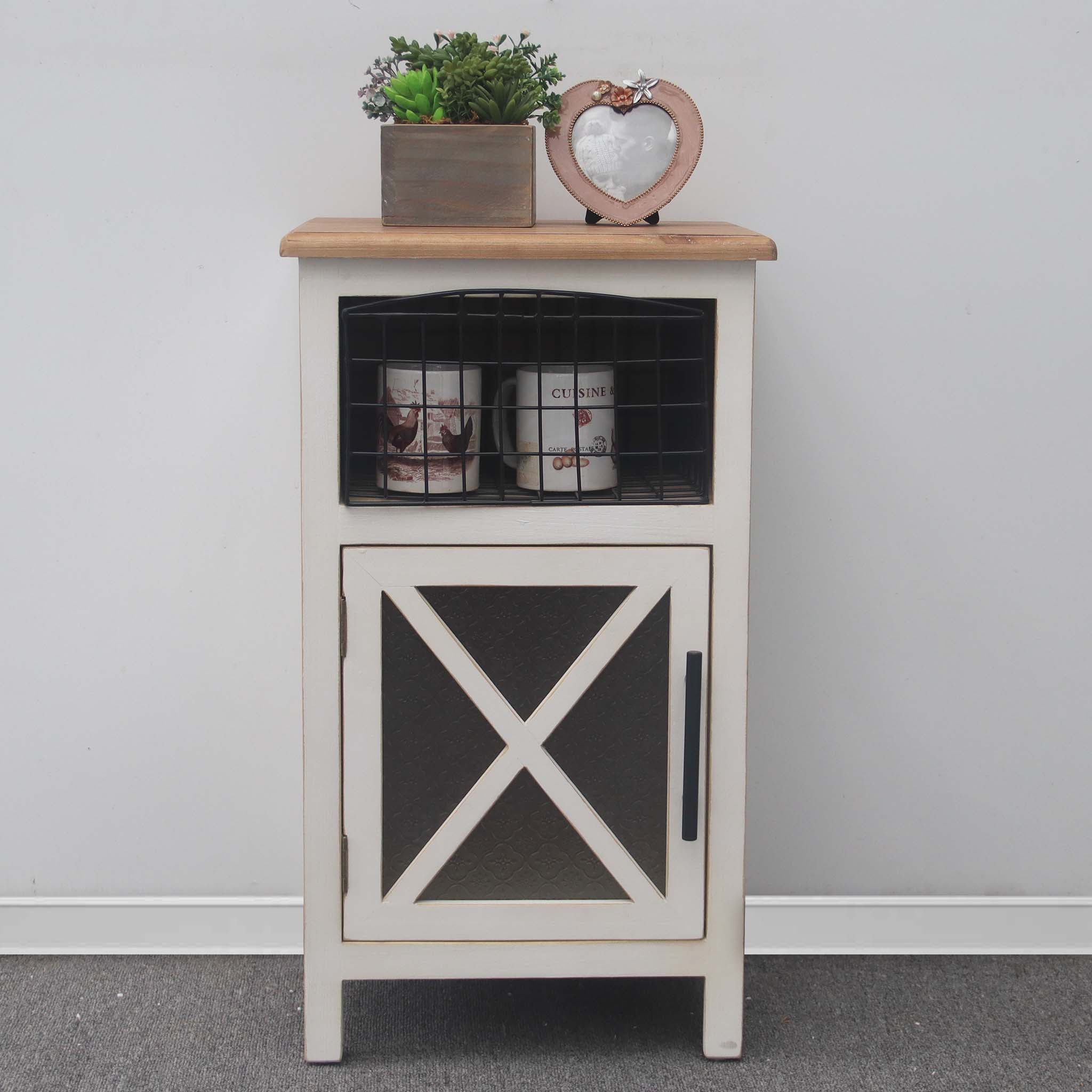 Farmhouse Wooden Side Table with X-Designed Glass Door and Storage Basket