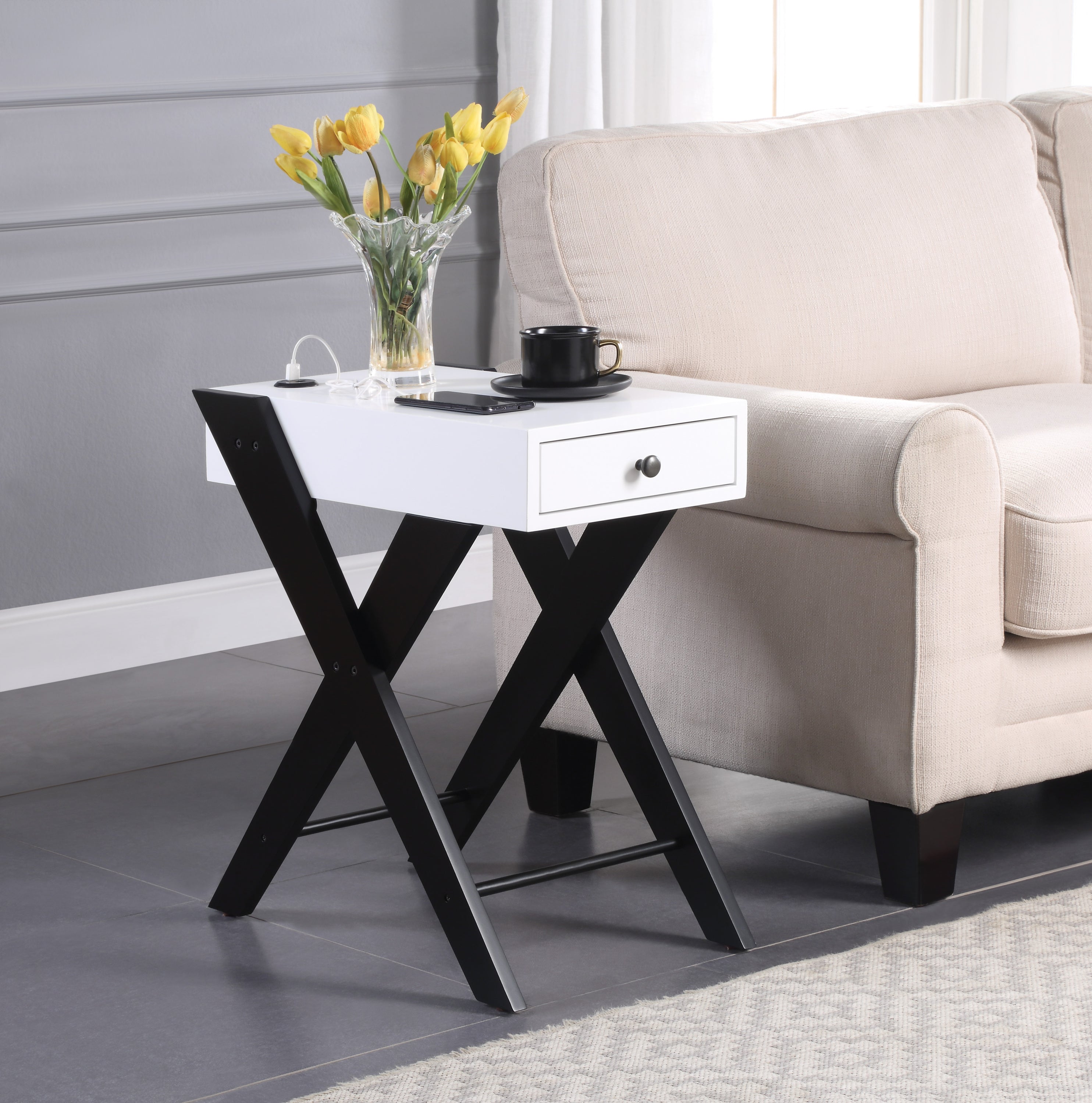 Fierce White and Black Accent Table with Built-in USB Port