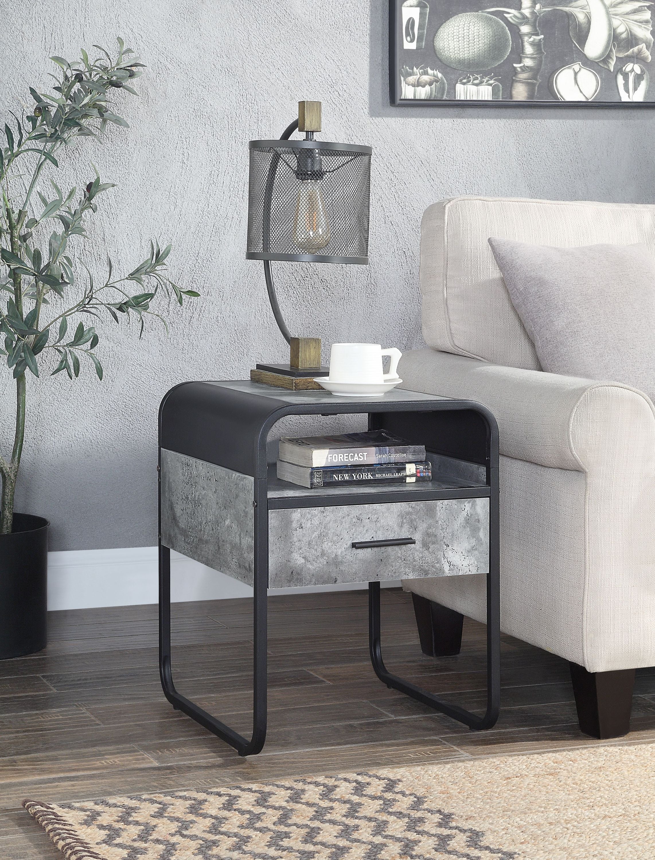 Raziela Concrete Gray & Black Finish End Table with Drawer