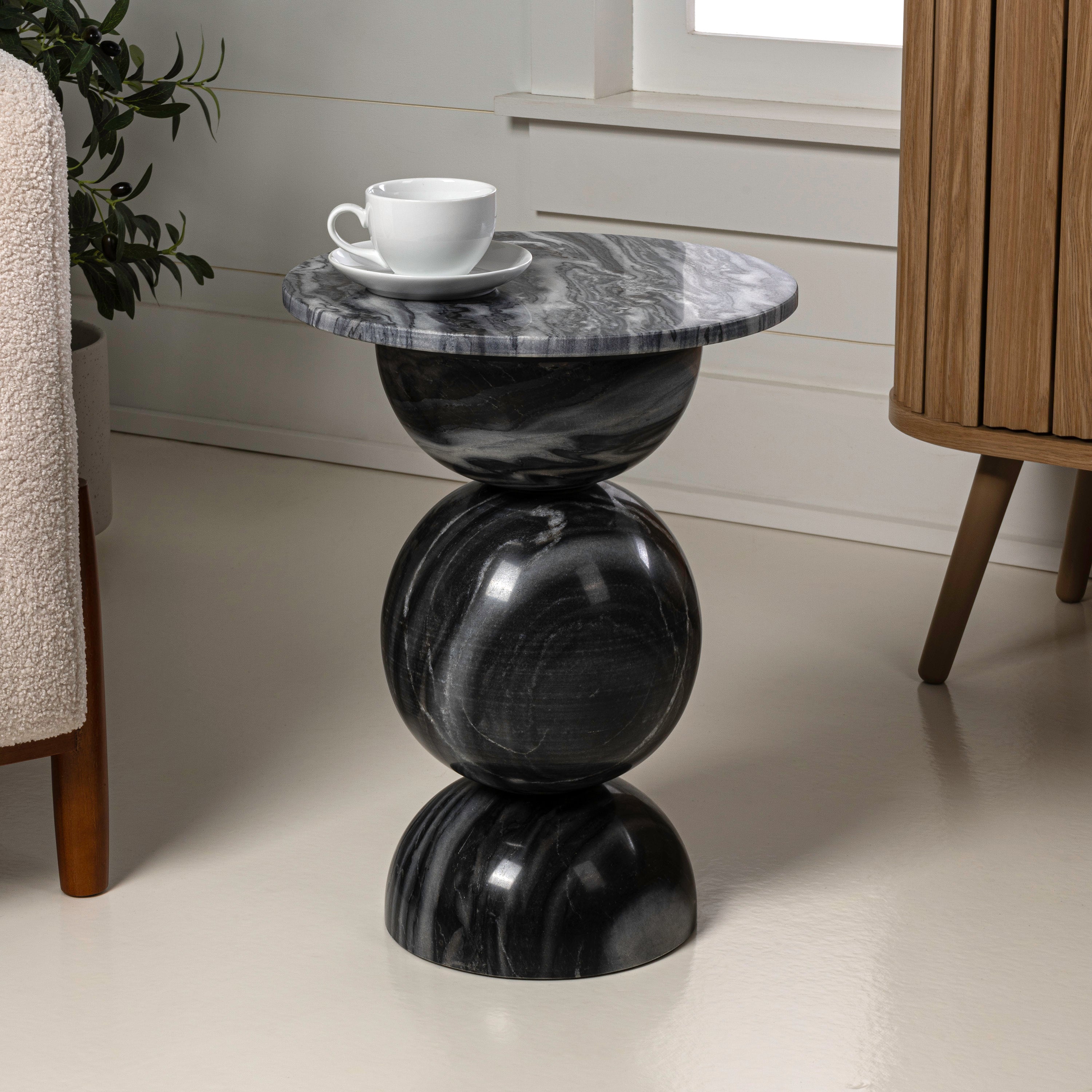 Aura Modern Natural Marble Handmade Stacked Round Pedestal End Table