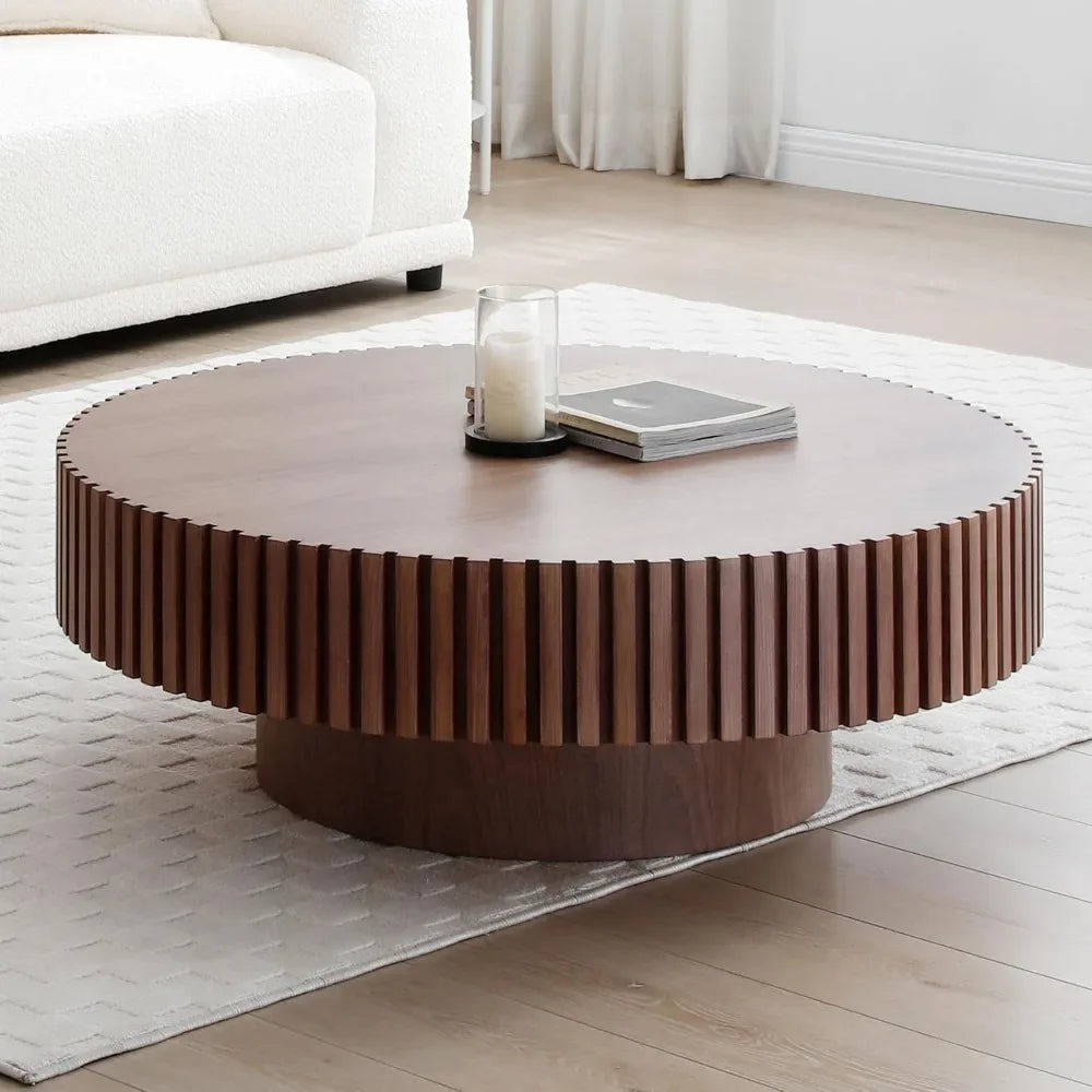 31.49" Walnut Round Coffee Table, Modern Luxury Wood Circle Drum Center Table for Living Room