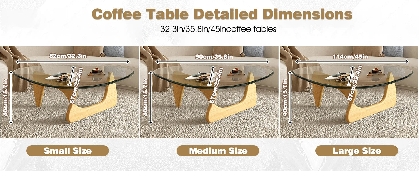 Triangle Glass Coffee Table with Solid Wood Base Minimalist Modern Design Mid (Raw wood/Transparent, Medium 35.8 * 25.5 * 16in)