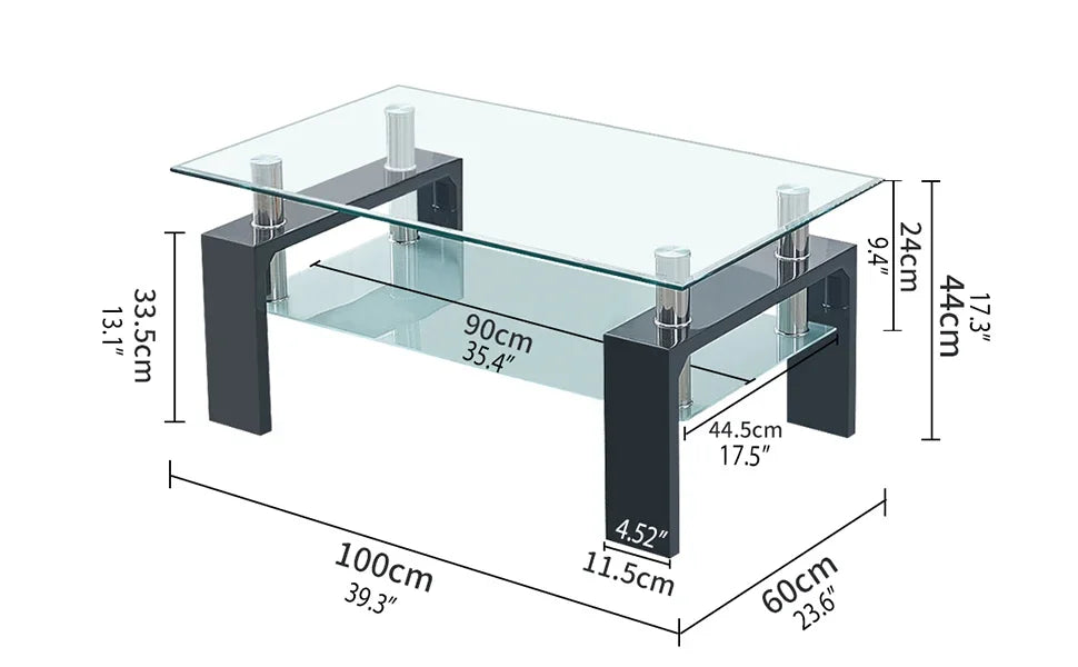 Tempered Glass Tabletop Stainless Steel Tube, 2-Tier Tea Table, Modern Center Side Table w/Lower Shelf & Wooden Legs