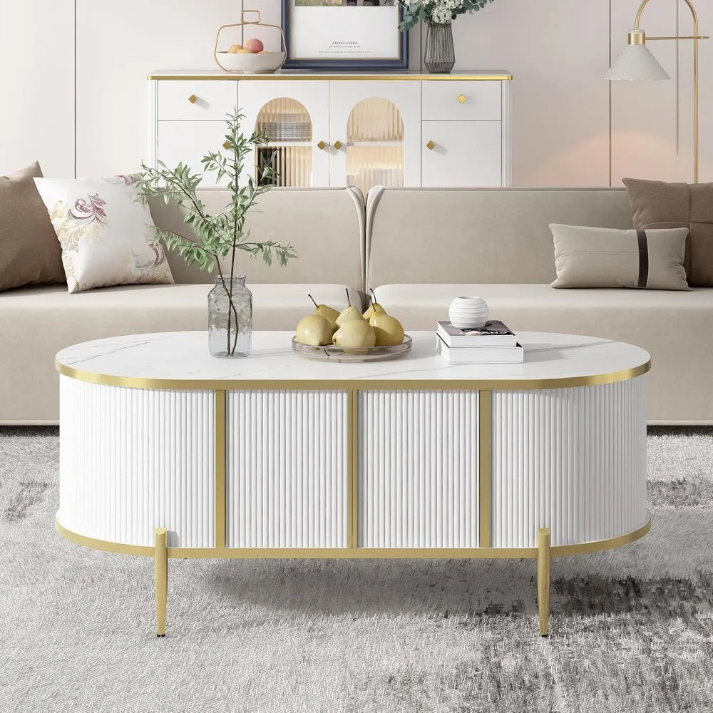 Oval Groove Coffee Table, Marble Patterned Top, 2 Cabinets and Metal Legs, Modern Luxury Center Table with Storage Space