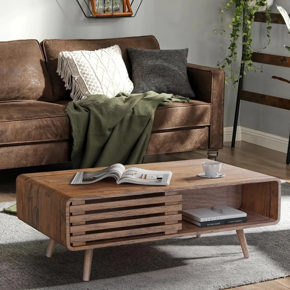 Coffee Table with Storage, Mid Century Modern Coffee Table for Living Room, Farmhouse, Rectangle Coffee Table