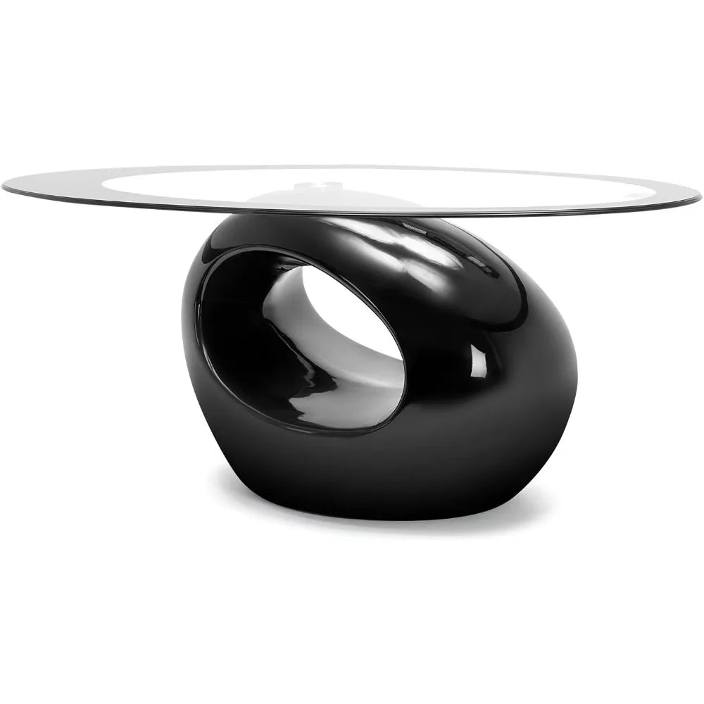 Oval Glass Coffee Table with High Gloss Hollow Base & Tempered Glass Top, Side Table for Living Room, Sitting Room, Bla