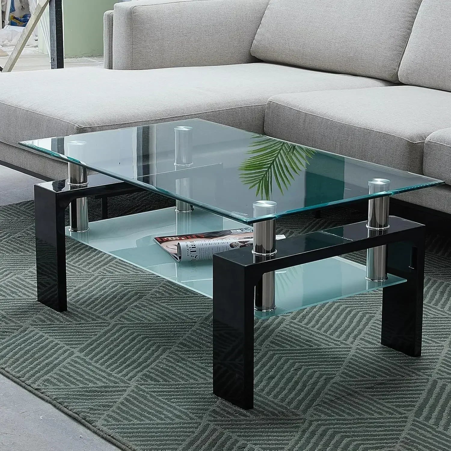 Tempered Glass Tabletop Stainless Steel Tube, 2-Tier Tea Table, Modern Center Side Table w/Lower Shelf & Wooden Legs