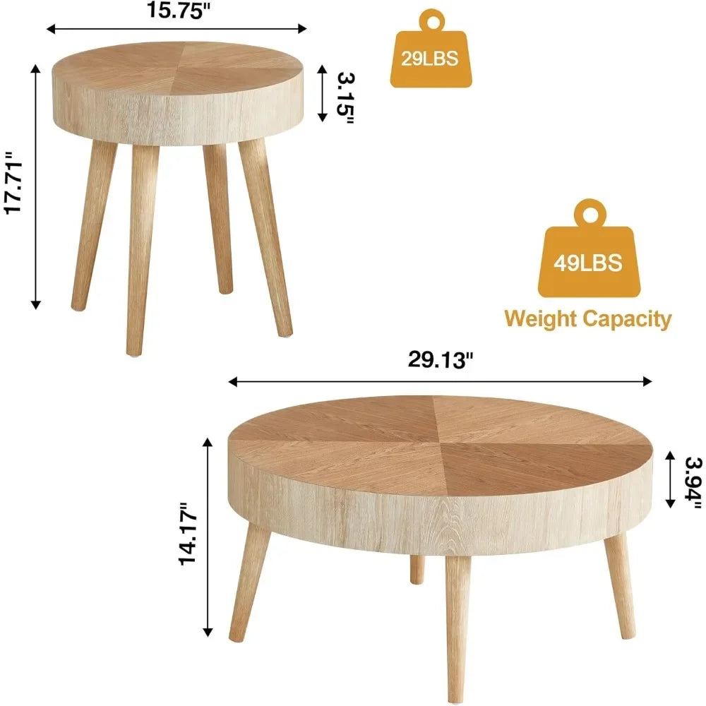 Nesting Round Coffee Table Set of 2, Farmhouse Modern Coffee Table, Natural Wood Nesting Tables Boho Side Table End Table Set