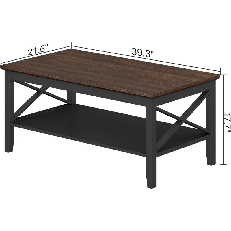 Coffee Table with Thicker Legs, Espresso Wood Coffee Table with Storage for Living Room 40 Inches