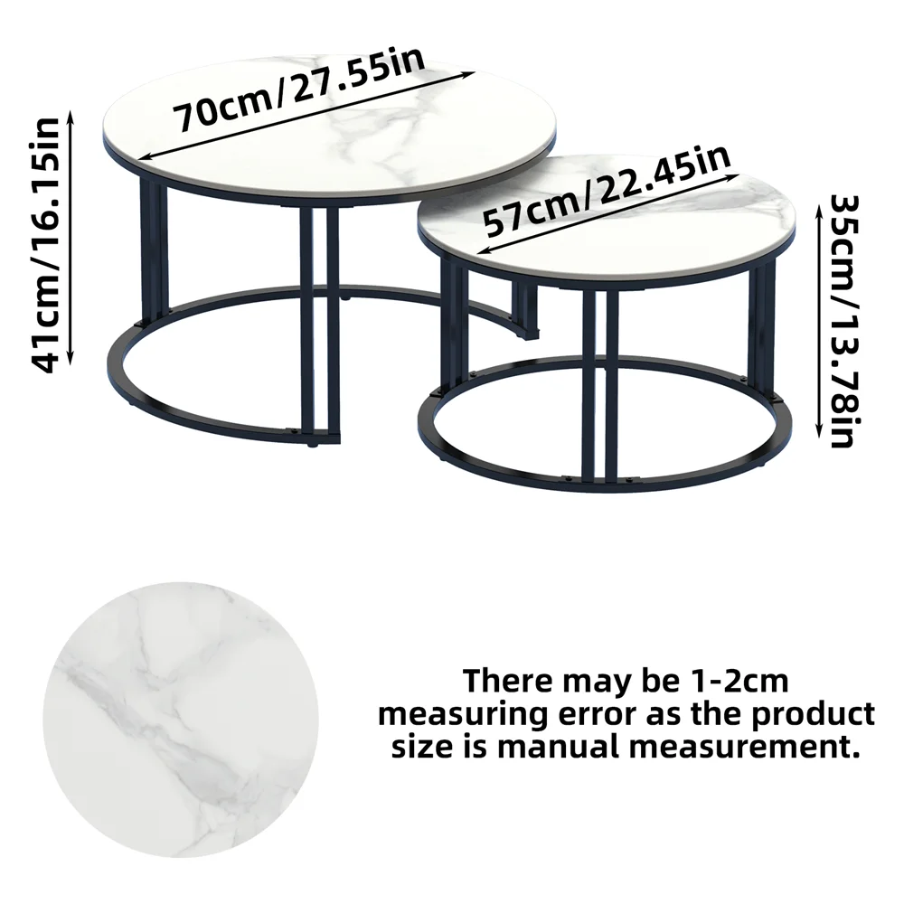 LUVODI Set of 2 Living Room Center Table Round White Grey Marble Nesting Coffee Table Sofa Side Tea Desk Space-saving