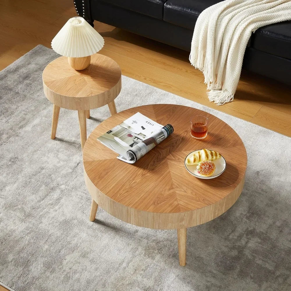 Nesting Round Coffee Table Set of 2, Farmhouse Modern Coffee Table, Natural Wood Nesting Tables Boho Side Table End Table Set