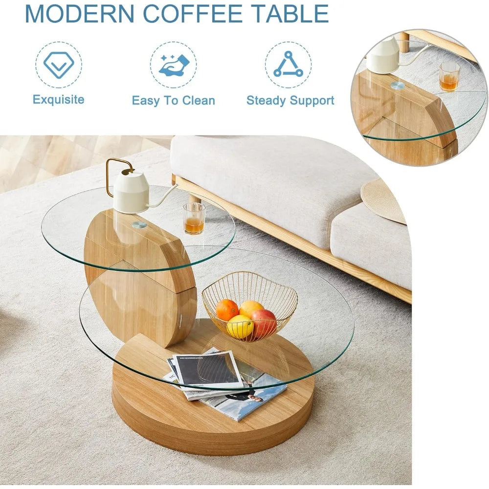 Coffee Tables for Living Room - Round Glass Coffee Table with Wooden Base Mid-Century Modern End Table 3-Tier Round Coffee Table