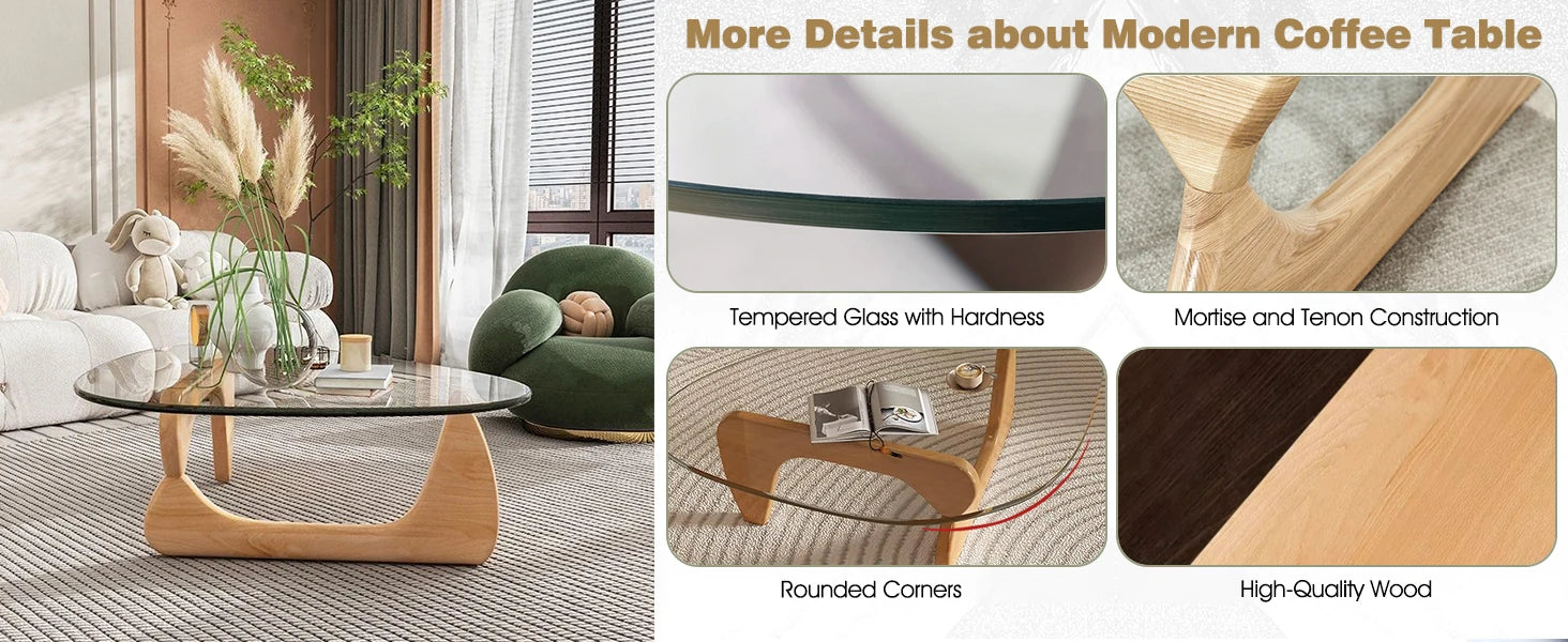 Triangle Glass Coffee Table with Solid Wood Base Minimalist Modern Design Mid (Raw wood/Transparent, Medium 35.8 * 25.5 * 16in)