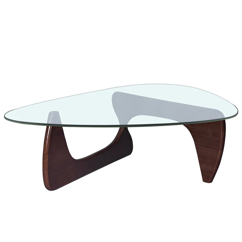 Triangle Glass Table Coffee Table Solid Wood Base Walnut and Clear Glass Top Modern End Table for Living Room, Patio, Study