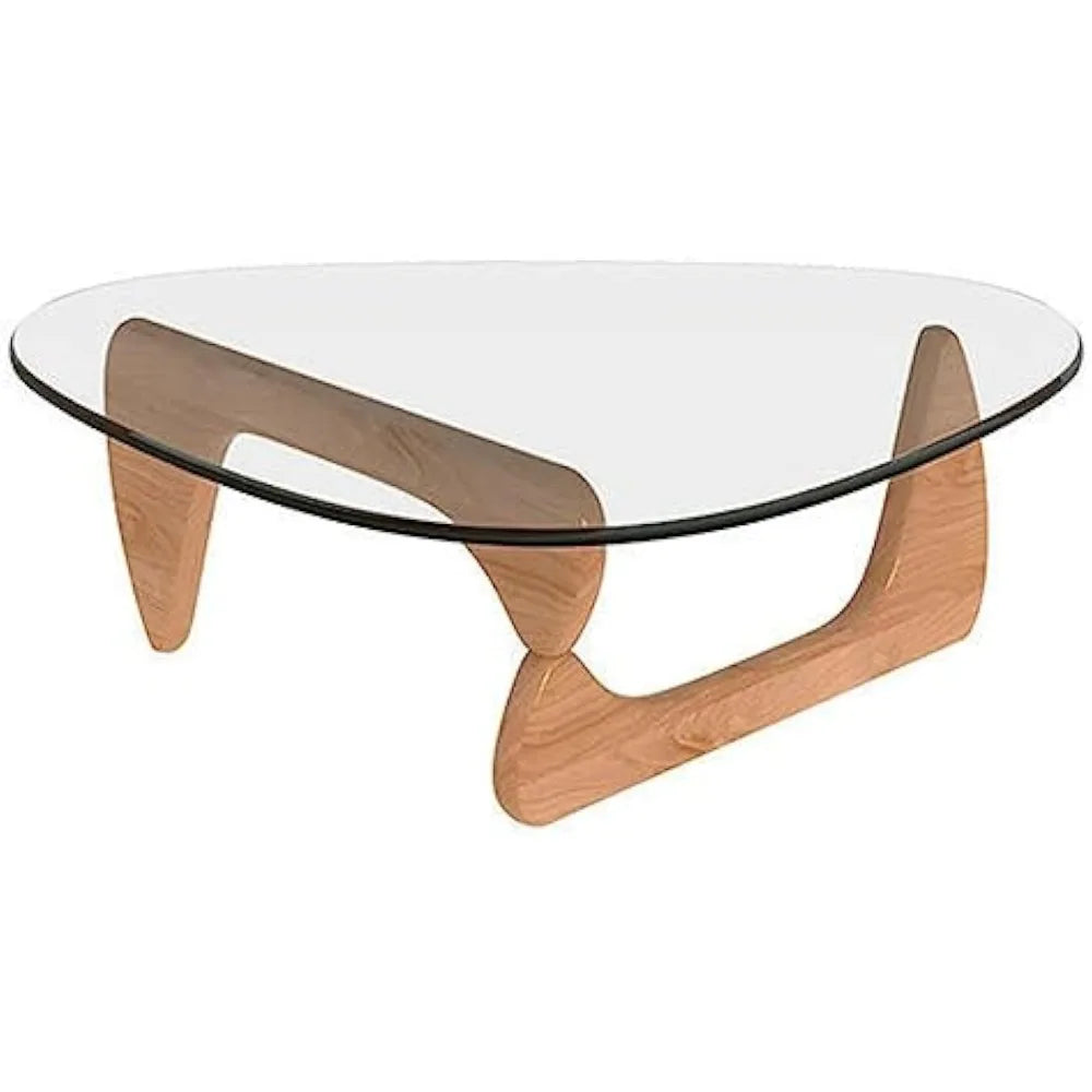 Triangle Glass Coffee Table with Solid Wood Base Minimalist Modern Design Mid (Raw wood/Transparent, Medium 35.8 * 25.5 * 16in)