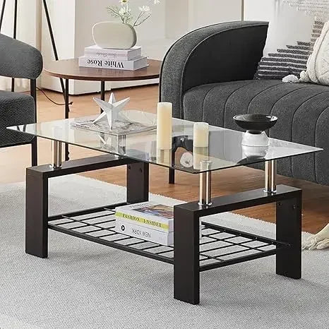 Tempered Glass Tabletop Stainless Steel Tube, 2-Tier Tea Table, Modern Center Side Table w/Lower Shelf & Wooden Legs