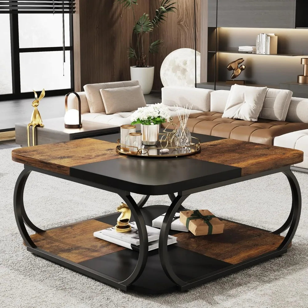 Square Coffee Table with 2 Tiers, 40 inches Low Farmhouse Coffee Table with Wood Storage Shelf Heavy Duty Metal Curved Frame