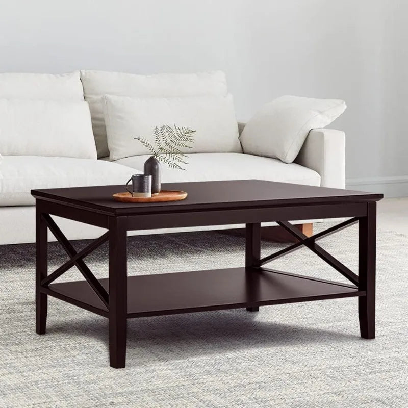 Coffee Table with Thicker Legs, Espresso Wood Coffee Table with Storage for Living Room 40 Inches