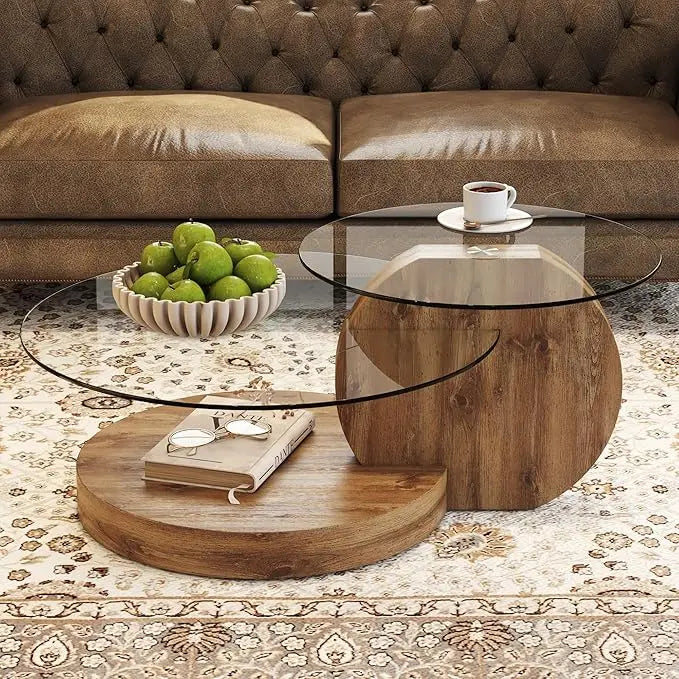 Coffee Tables for Living Room - Round Glass Coffee Table with Wooden Base Mid-Century Modern End Table 3-Tier Round Coffee Table