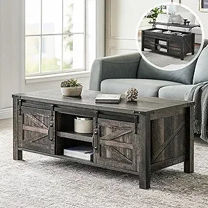 48" Farmhouse Lift Top Coffee Table with Sliding Barn Door,Rustic Center Table with Hidden Storage Compartment,Lifting Table