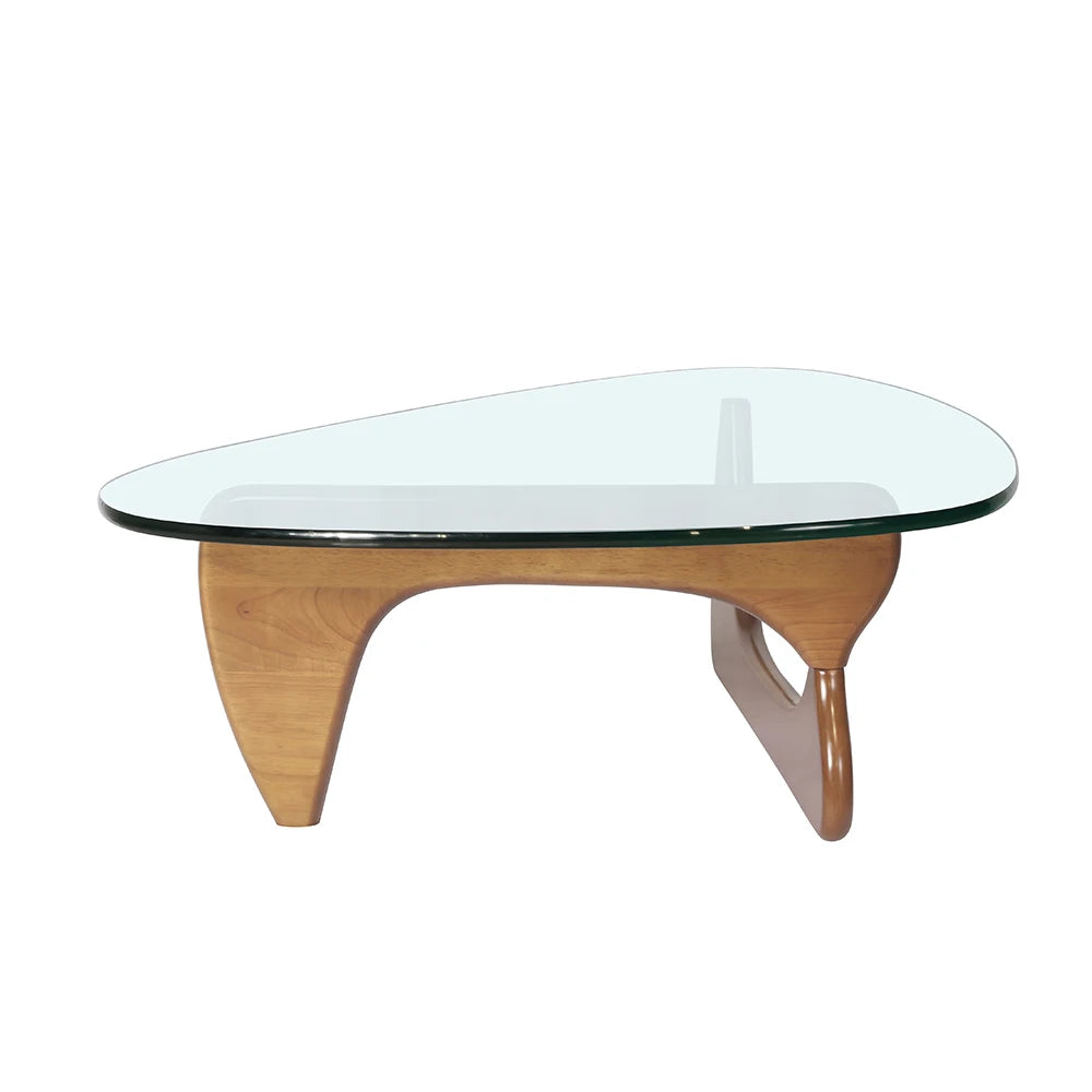 Triangle Glass Table Coffee Table Solid Wood Base Walnut and Clear Glass Top Modern End Table for Living Room, Patio, Study