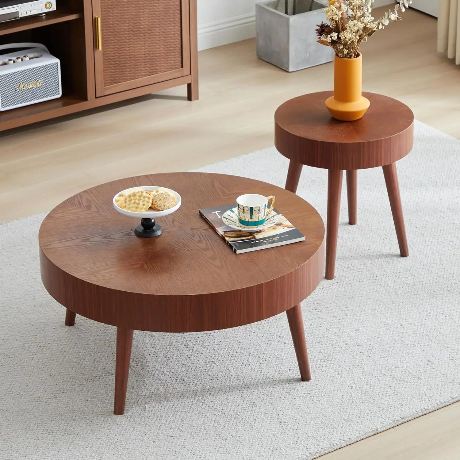 Nesting Round Coffee Table Set of 2, Farmhouse Modern Coffee Table, Natural Wood Nesting Tables Boho Side Table End Table Set