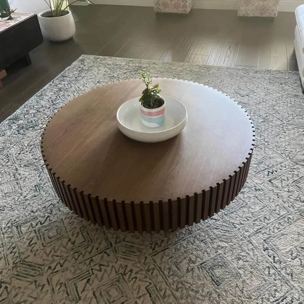 31.49" Walnut Round Coffee Table, Modern Luxury Wood Circle Drum Center Table for Living Room