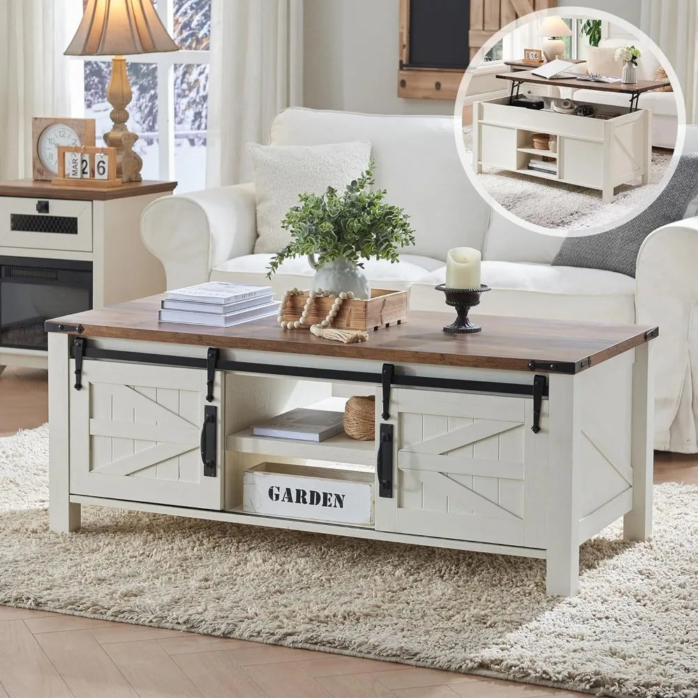 48" Farmhouse Lift Top Coffee Table with Sliding Barn Door,Rustic Center Table with Hidden Storage Compartment,Lifting Table