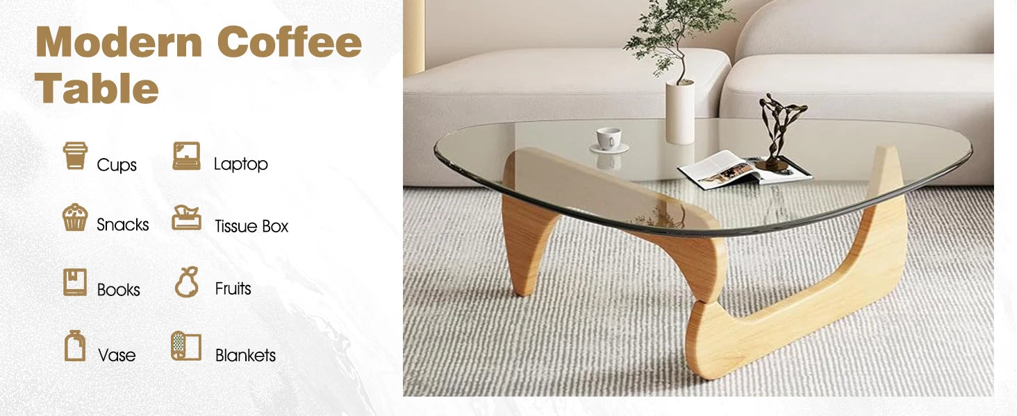 Triangle Glass Coffee Table with Solid Wood Base Minimalist Modern Design Mid (Raw wood/Transparent, Medium 35.8 * 25.5 * 16in)