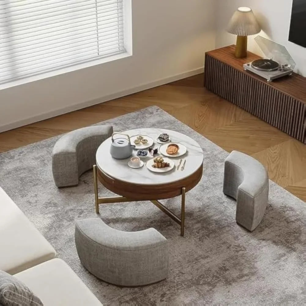 Coffee Table Set, Round Marble Tables with Storage and Nesting Ottomans, Lift Top Coffee Table Set