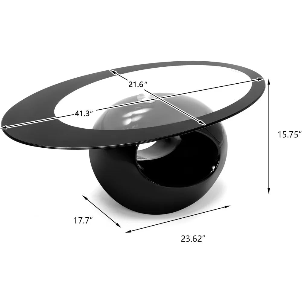 Oval Glass Coffee Table with High Gloss Hollow Base & Tempered Glass Top, Side Table for Living Room, Sitting Room, Bla