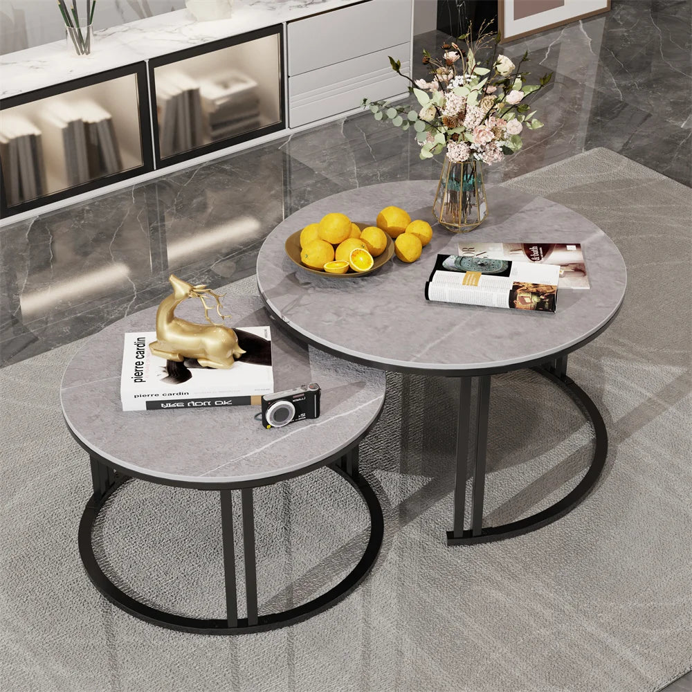 LUVODI Set of 2 Living Room Center Table Round White Grey Marble Nesting Coffee Table Sofa Side Tea Desk Space-saving