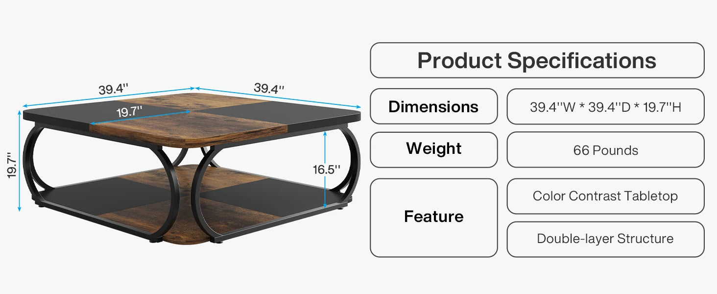 Square Coffee Table with 2 Tiers, 40 inches Low Farmhouse Coffee Table with Wood Storage Shelf Heavy Duty Metal Curved Frame