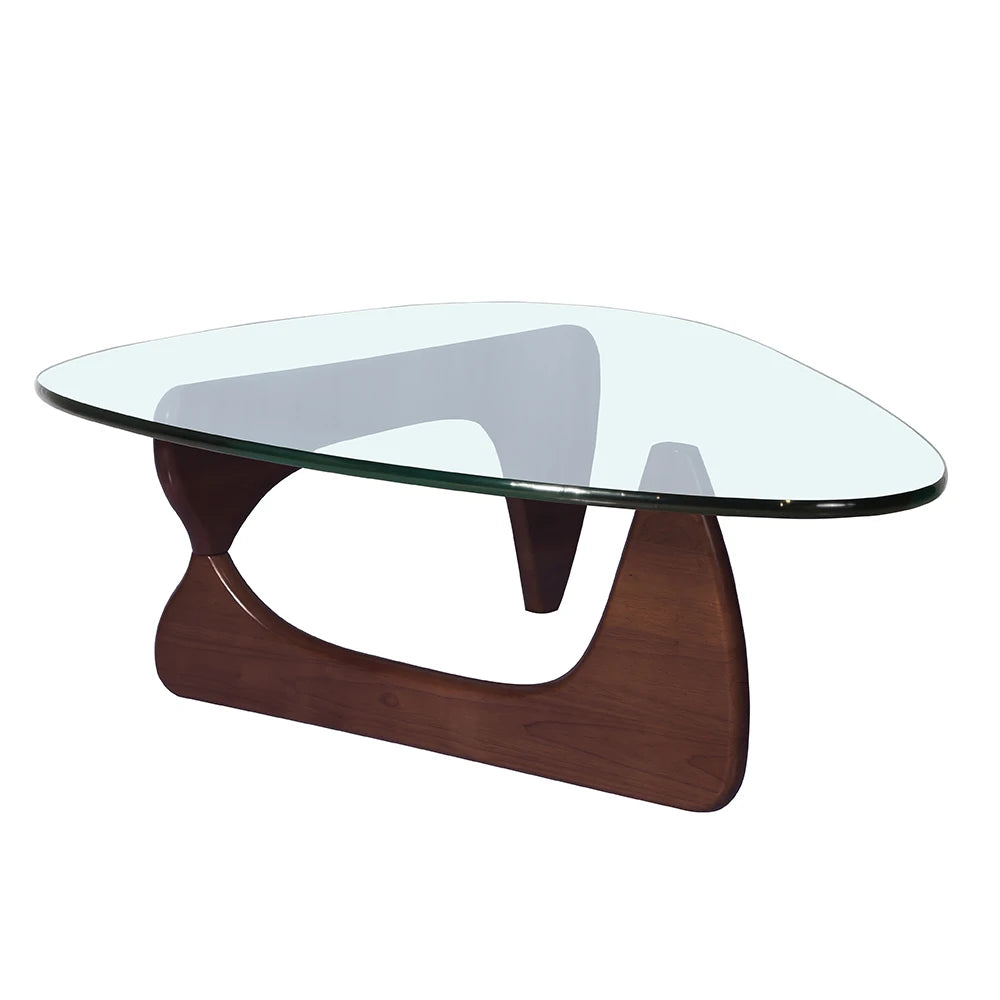 Triangle Glass Table Coffee Table Solid Wood Base Walnut and Clear Glass Top Modern End Table for Living Room, Patio, Study