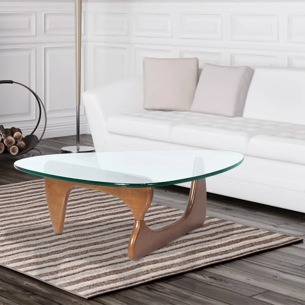 Triangle Glass Table Coffee Table Solid Wood Base Walnut and Clear Glass Top Modern End Table for Living Room, Patio, Study