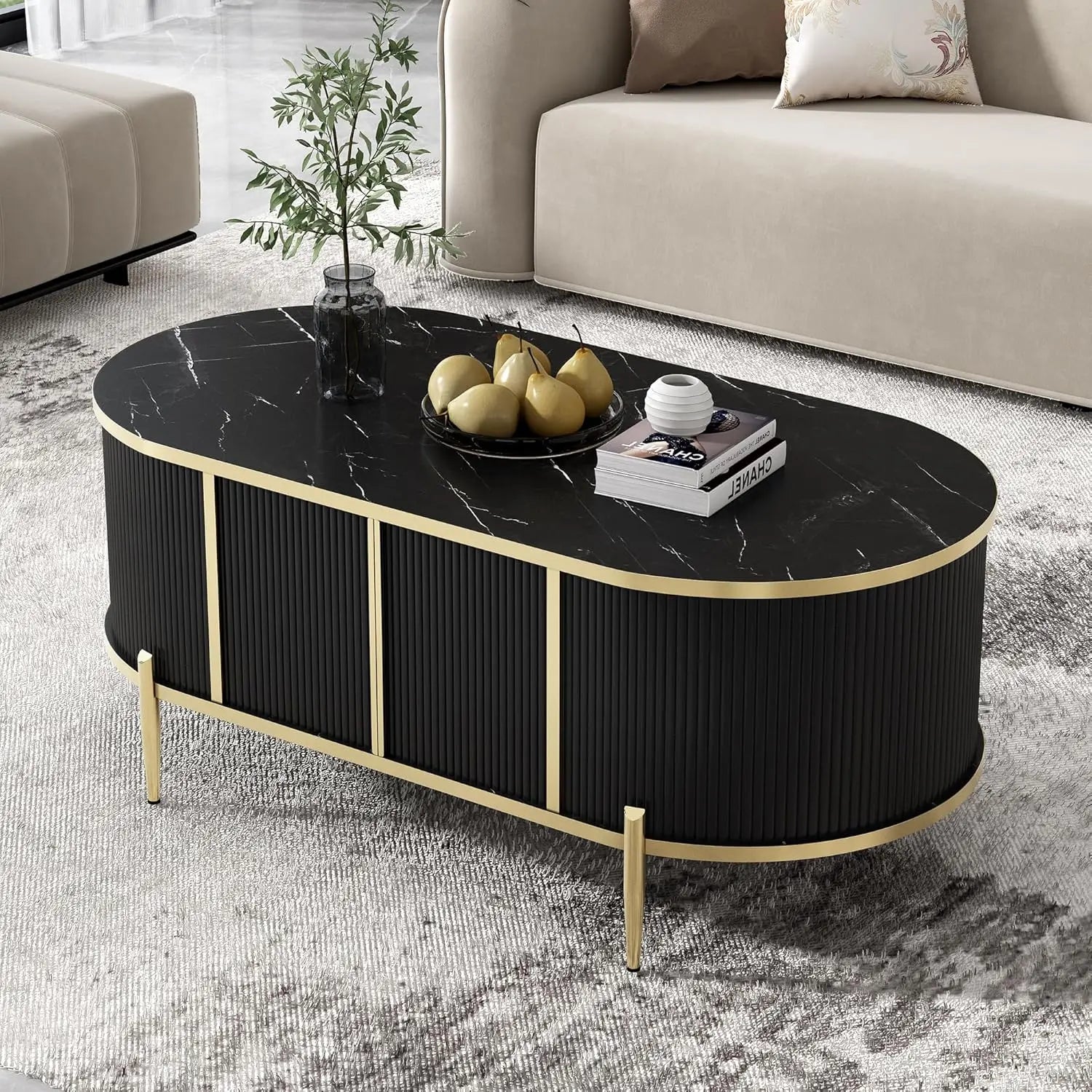 Oval Groove Coffee Table, Marble Patterned Top, 2 Cabinets and Metal Legs, Modern Luxury Center Table with Storage Space