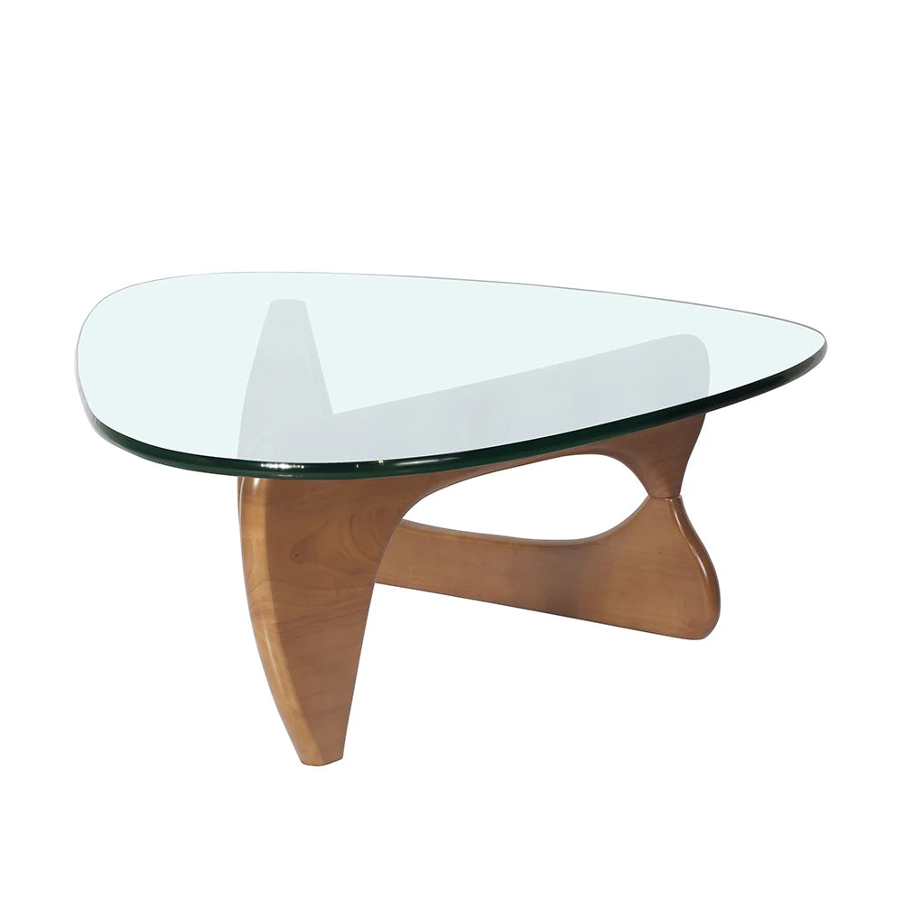 Triangle Glass Table Coffee Table Solid Wood Base Walnut and Clear Glass Top Modern End Table for Living Room, Patio, Study