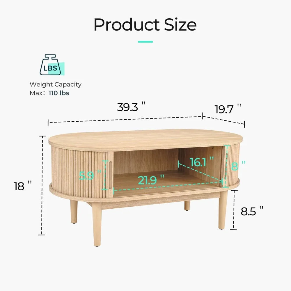 Coffee Table, Mid Century Modern Coffee Table with Sliding Tambour Door, Fluted Accent Center Table with Storage