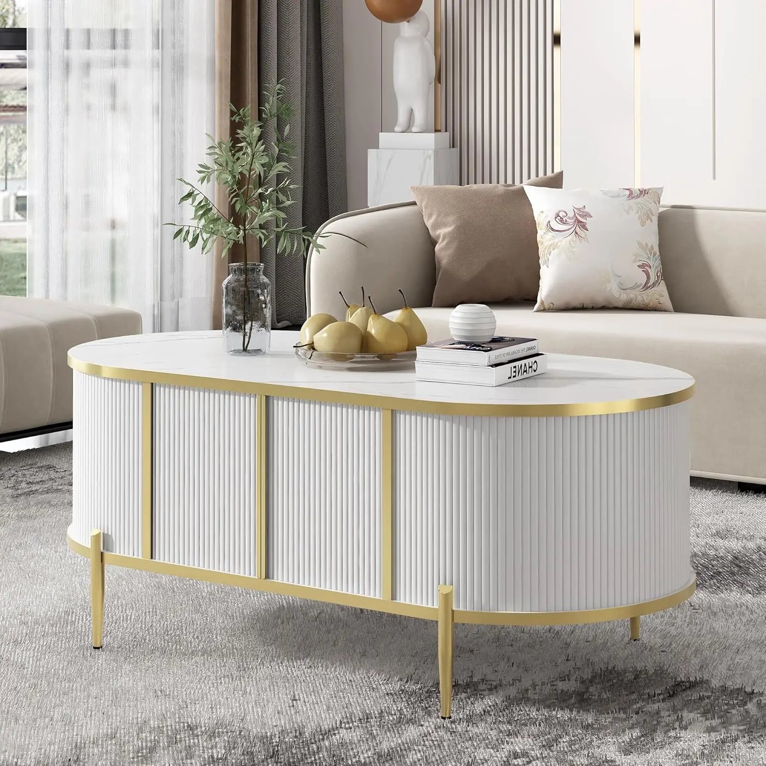 Oval Groove Coffee Table, Marble Patterned Top, 2 Cabinets and Metal Legs, Modern Luxury Center Table with Storage Space