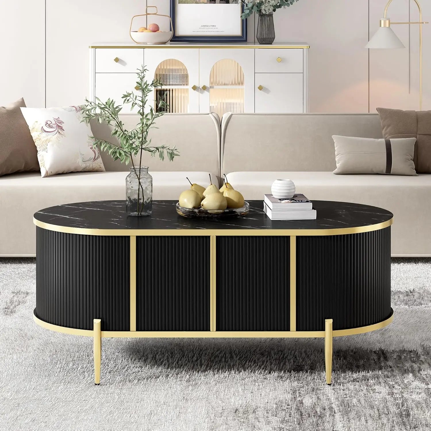 Oval Groove Coffee Table, Marble Patterned Top, 2 Cabinets and Metal Legs, Modern Luxury Center Table with Storage Space