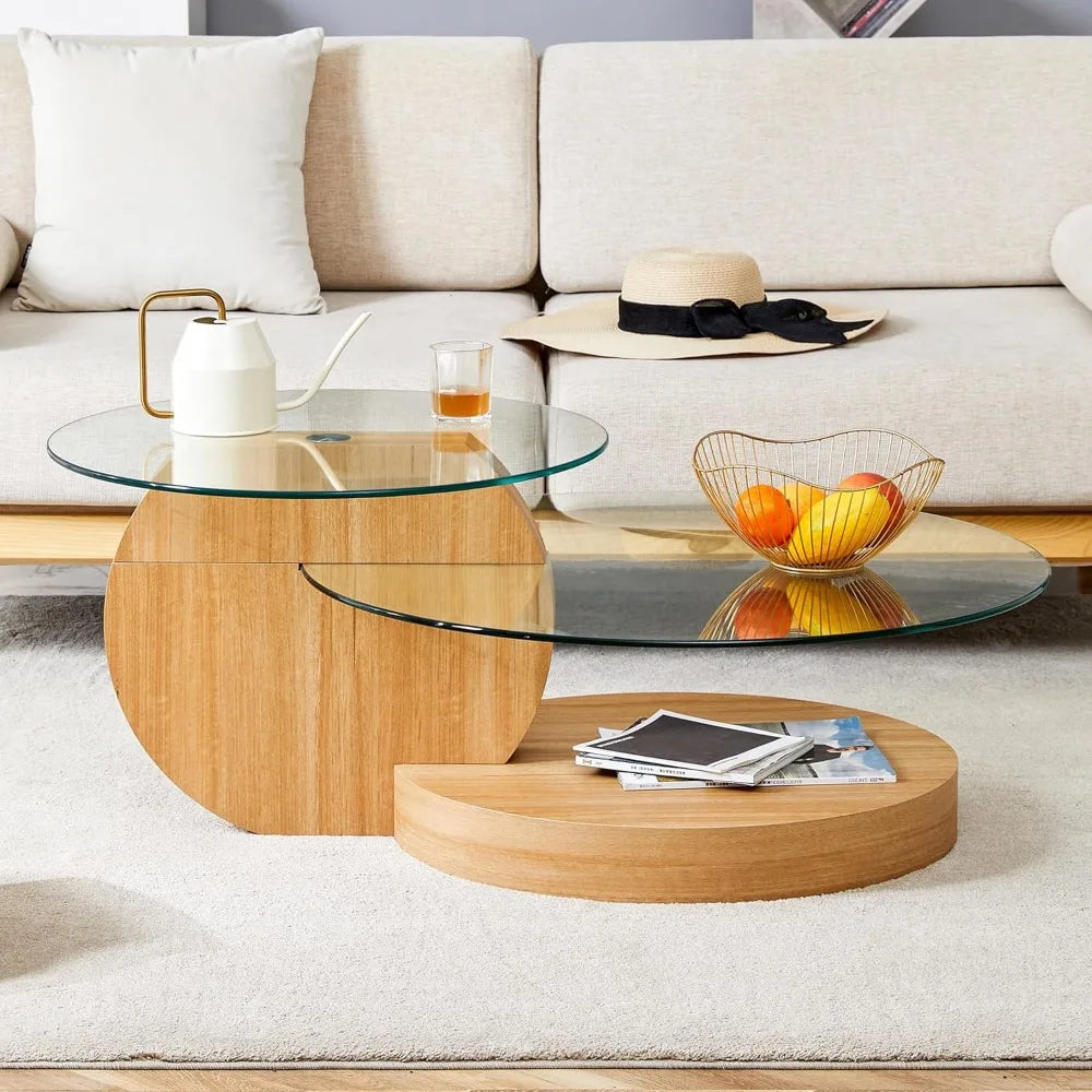 Coffee Tables for Living Room - Round Glass Coffee Table with Wooden Base Mid-Century Modern End Table 3-Tier Round Coffee Table